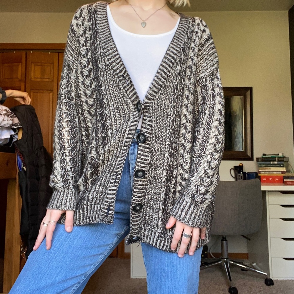 cream and black cardigan